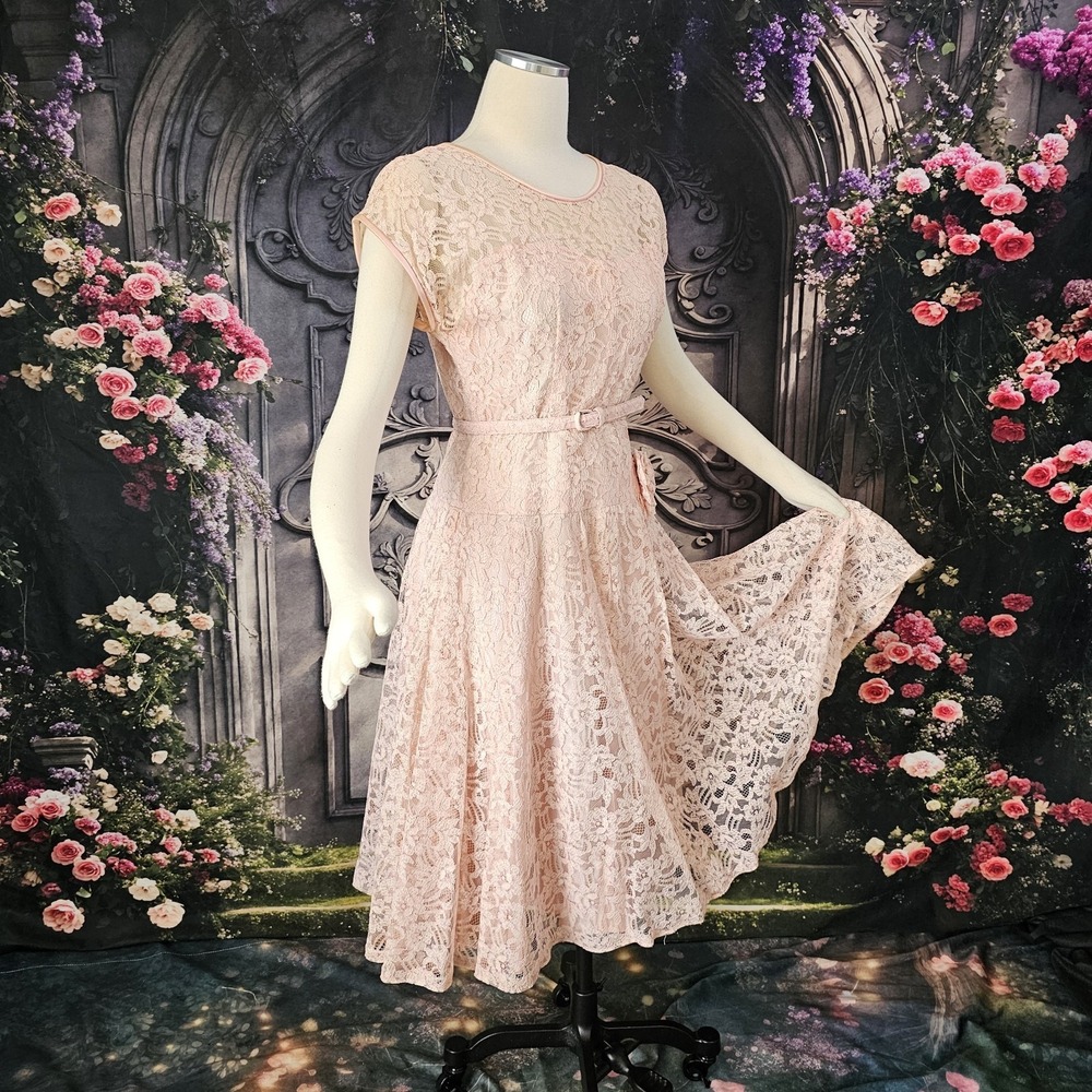 Vintage 1950s 60s Dress Peachy Pink Lace Overlay Full Skirt Belt Pinup